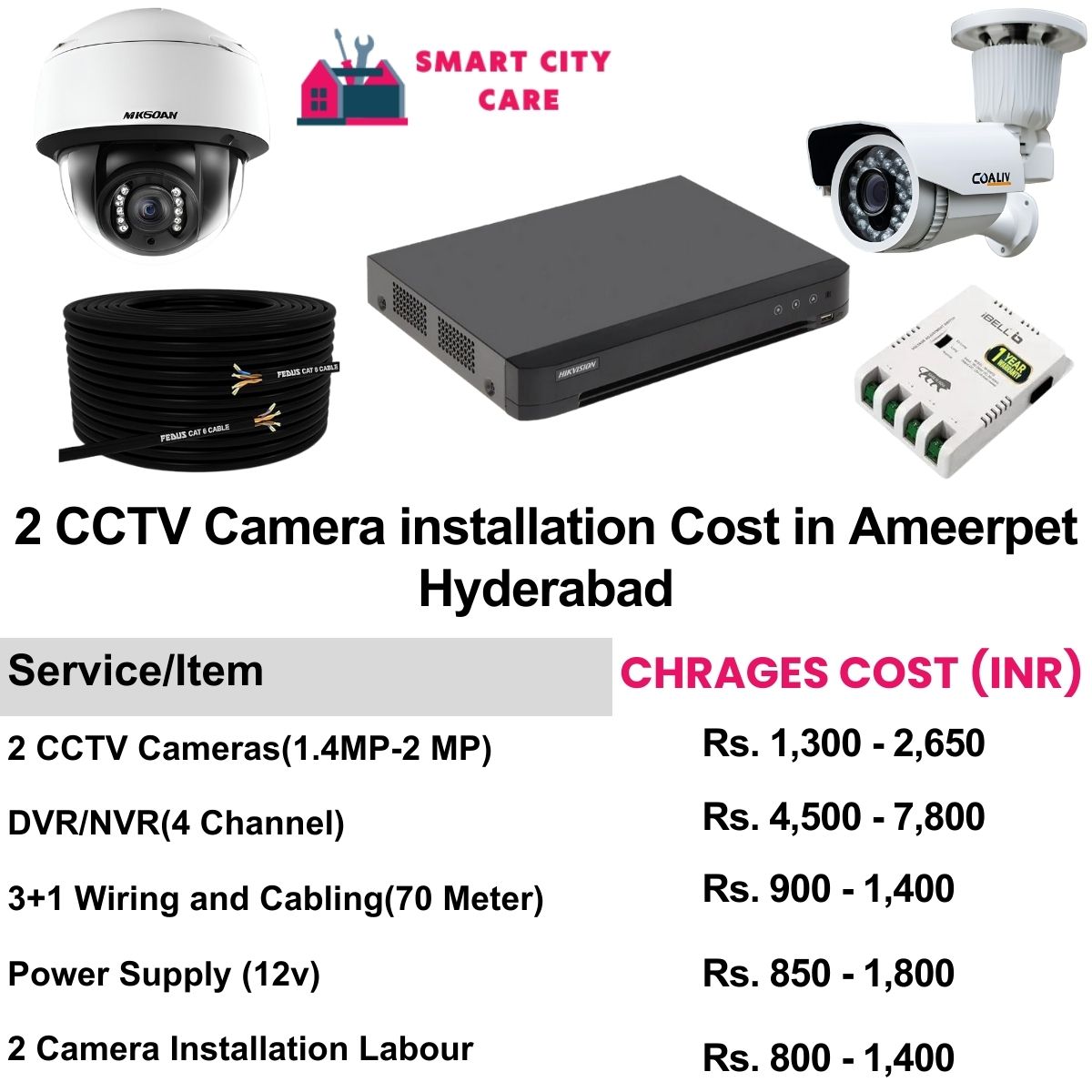 2 CCTV camera installation cost list in  Hyderabad, Ameerpet