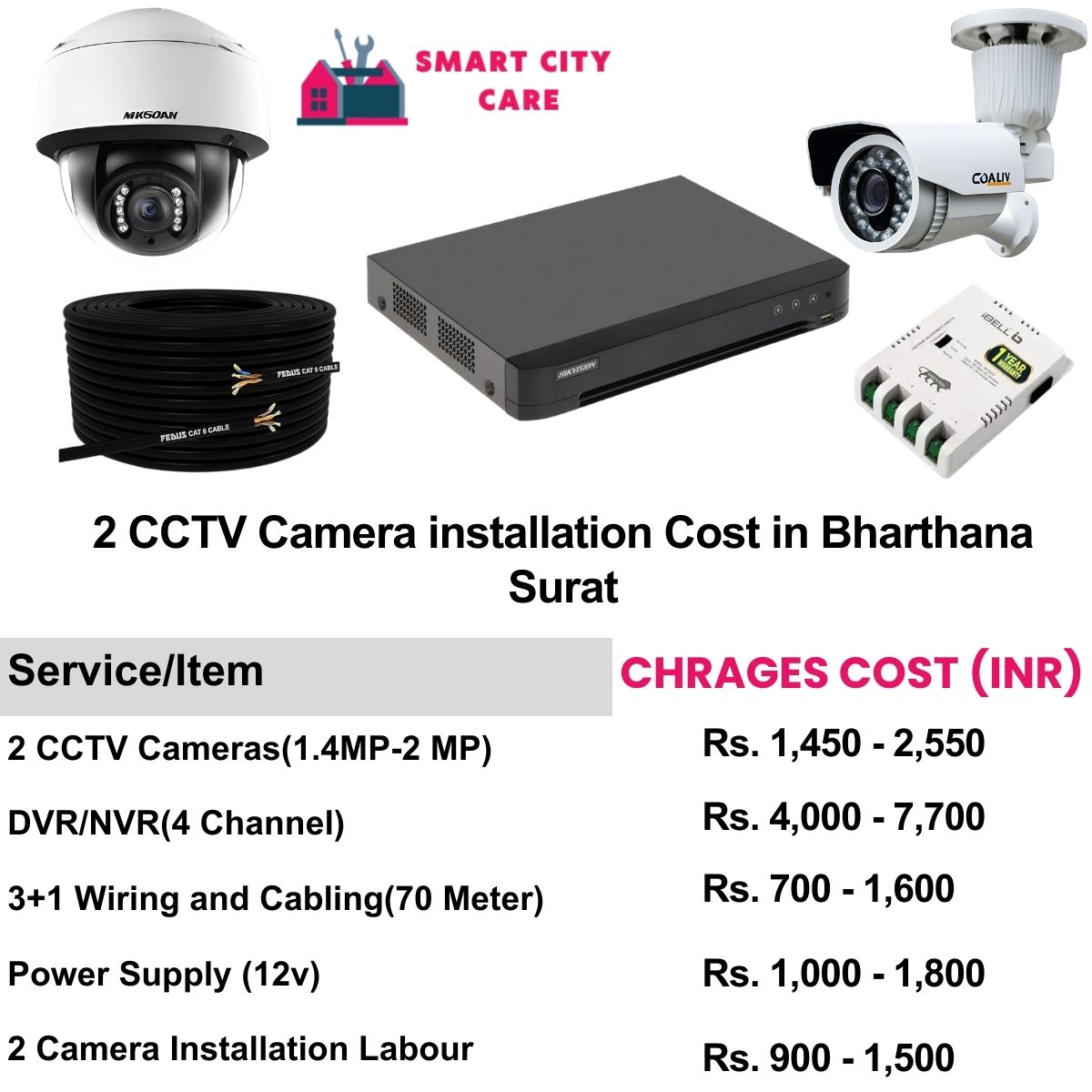 2 CCTV camera installation cost list in Surat, Bharthana
