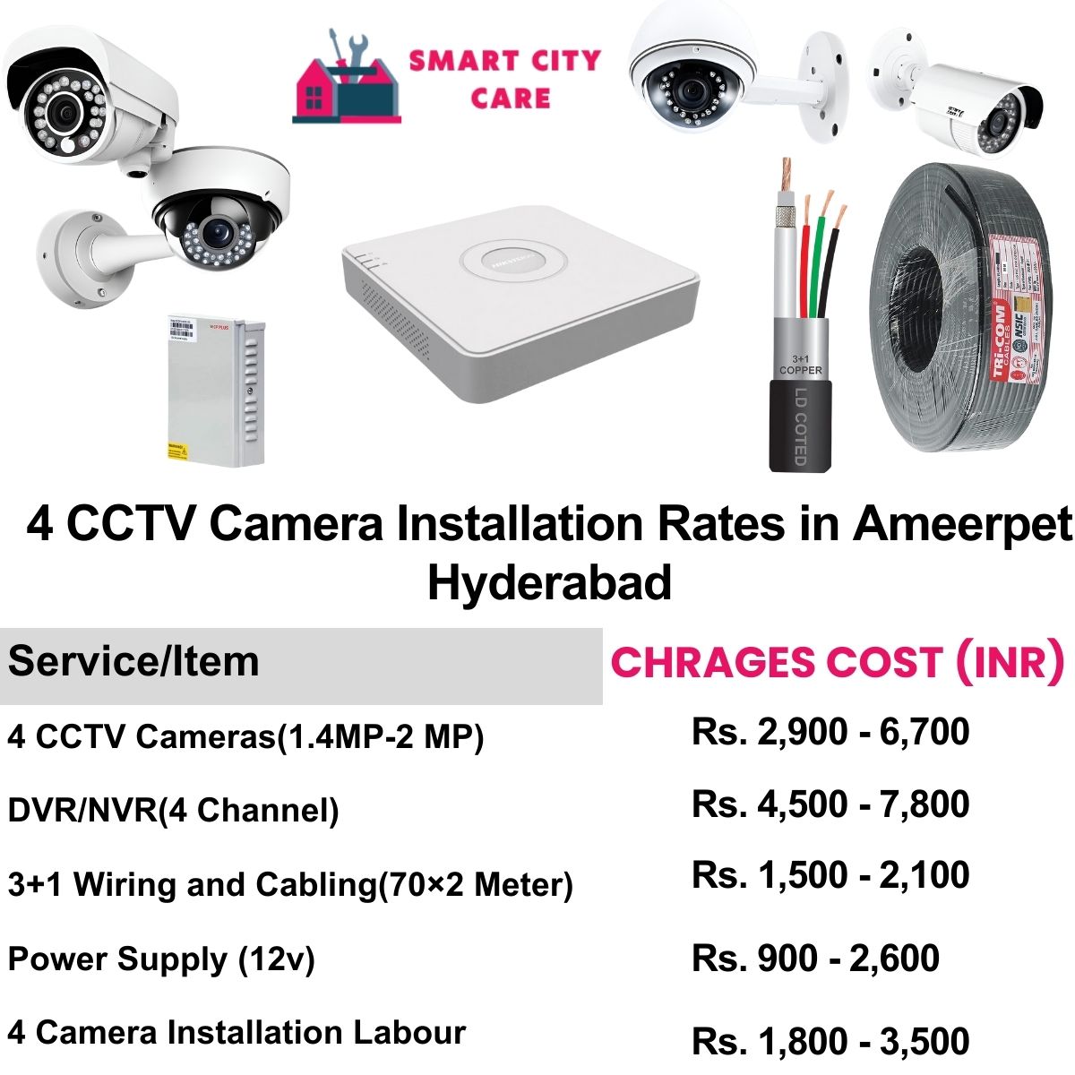 4 CCTV camera installation cost list in  Hyderabad, Ameerpet