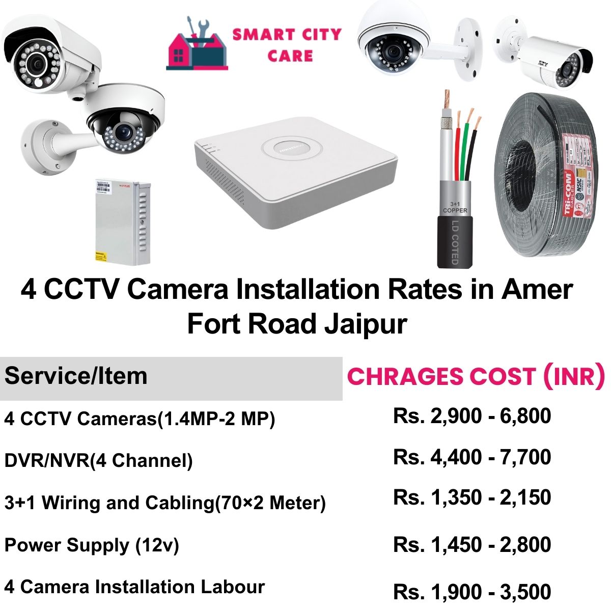 4 CCTV camera installation cost list in  Jaipur, Amer Fort Road