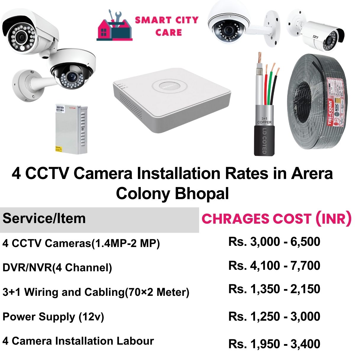 4 CCTV camera installation cost list in  Bhopal, Arera Colony