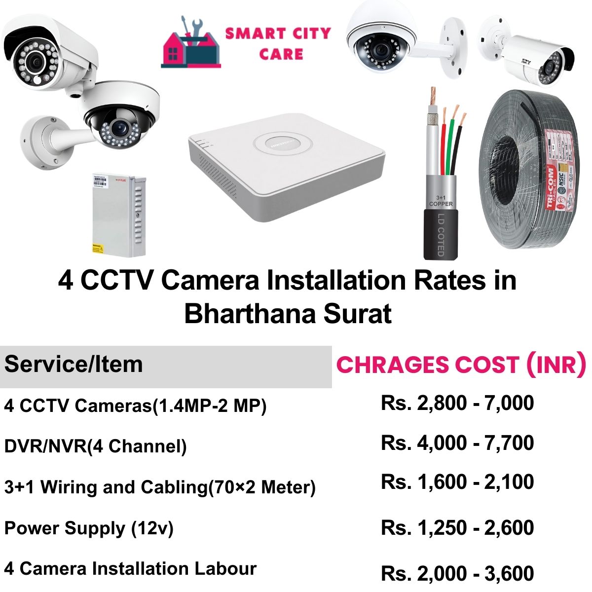 4 CCTV camera installation cost list in Surat, Bharthana