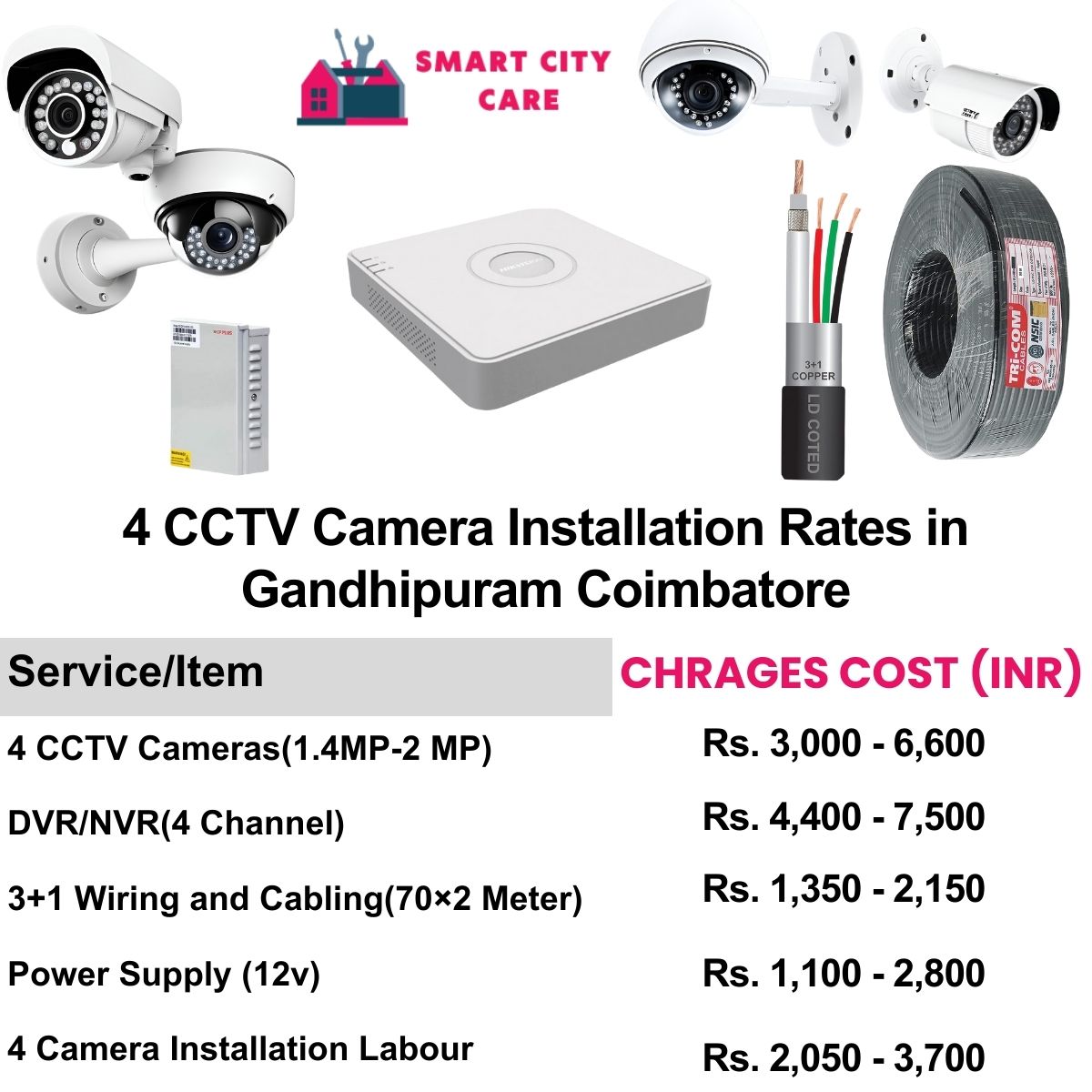 4 CCTV camera installation cost list in  Coimbatore, Gandhipuram