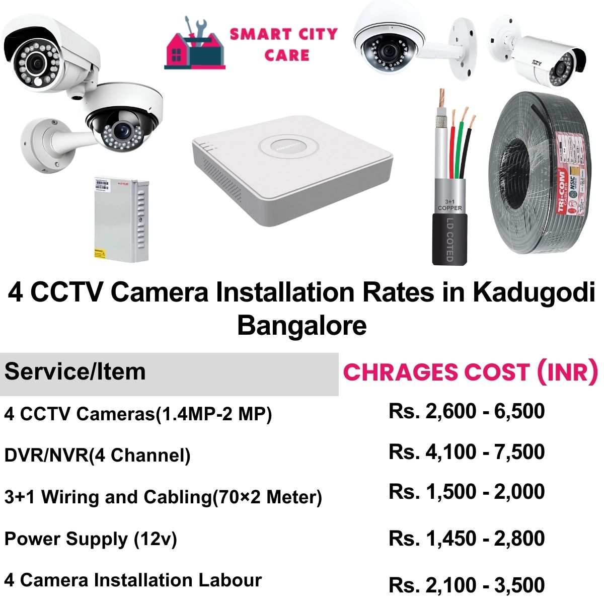 4 CCTV camera installation cost list in  Bangalore, Kadugodi