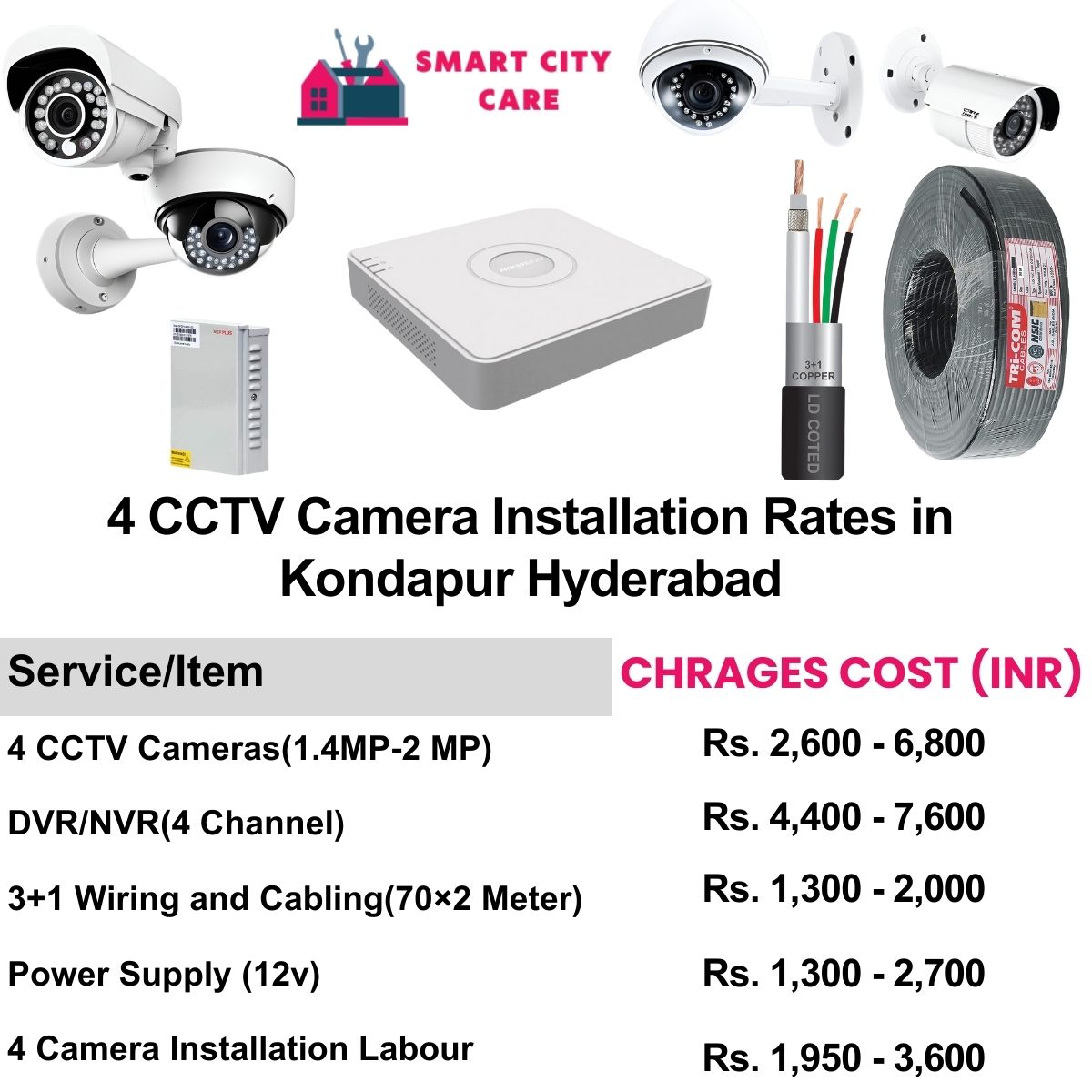 4 CCTV camera installation cost list in  Hyderabad, Kondapur