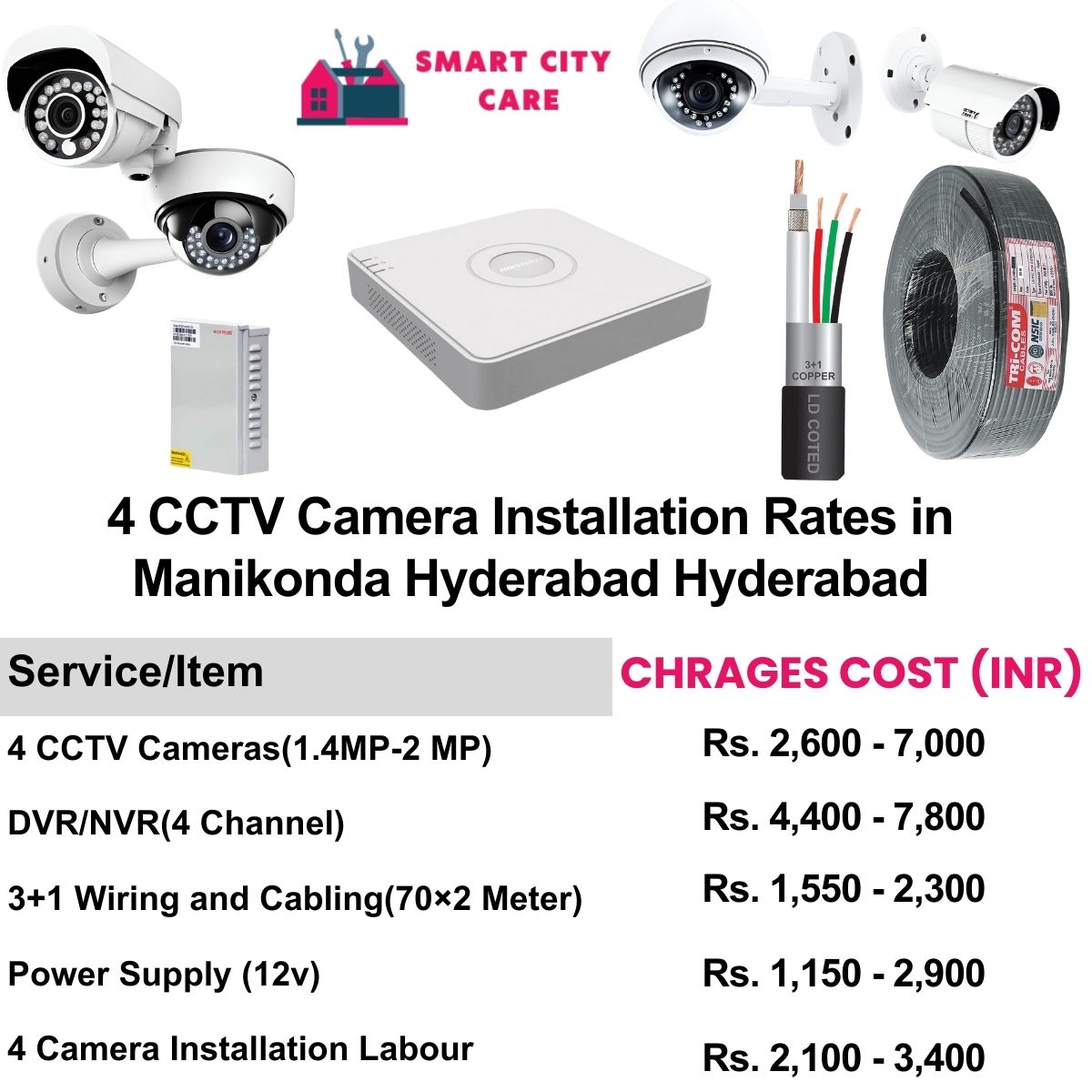 4 CCTV camera installation cost list in  Hyderabad, Manikonda, hyderabad