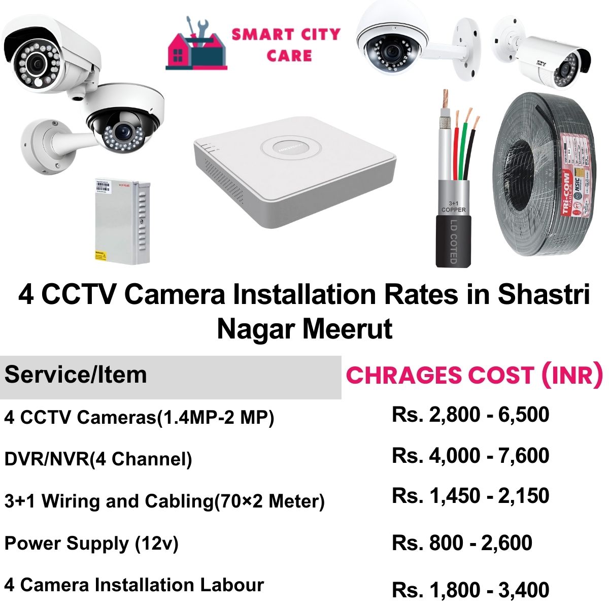 4 CCTV camera installation cost list in Meerut, Shastri Nagar