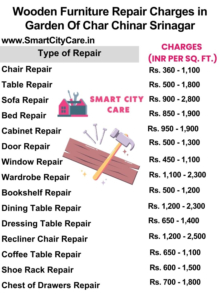 Wooden Furniture Repair Charges list in Garden Of Char Chinar,Srinagar